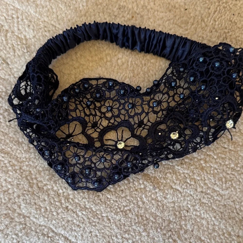 Elegant Navy Blue Beaded Lace Headband